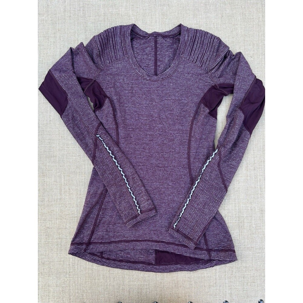 Lululemon 6 Star Runner LS Shirt Bordeaux Drama Tonka Stripe Ruffles EUC! Rare!